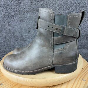 Clarks Ankle Boots Womens Size 7 Wide Leather Taupe Strap Moto Zip Block Heel